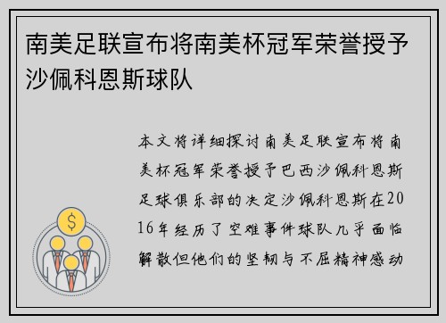 南美足联宣布将南美杯冠军荣誉授予沙佩科恩斯球队