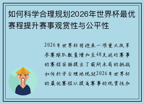 如何科学合理规划2026年世界杯最优赛程提升赛事观赏性与公平性