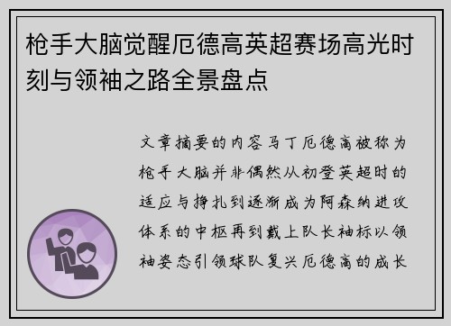 枪手大脑觉醒厄德高英超赛场高光时刻与领袖之路全景盘点